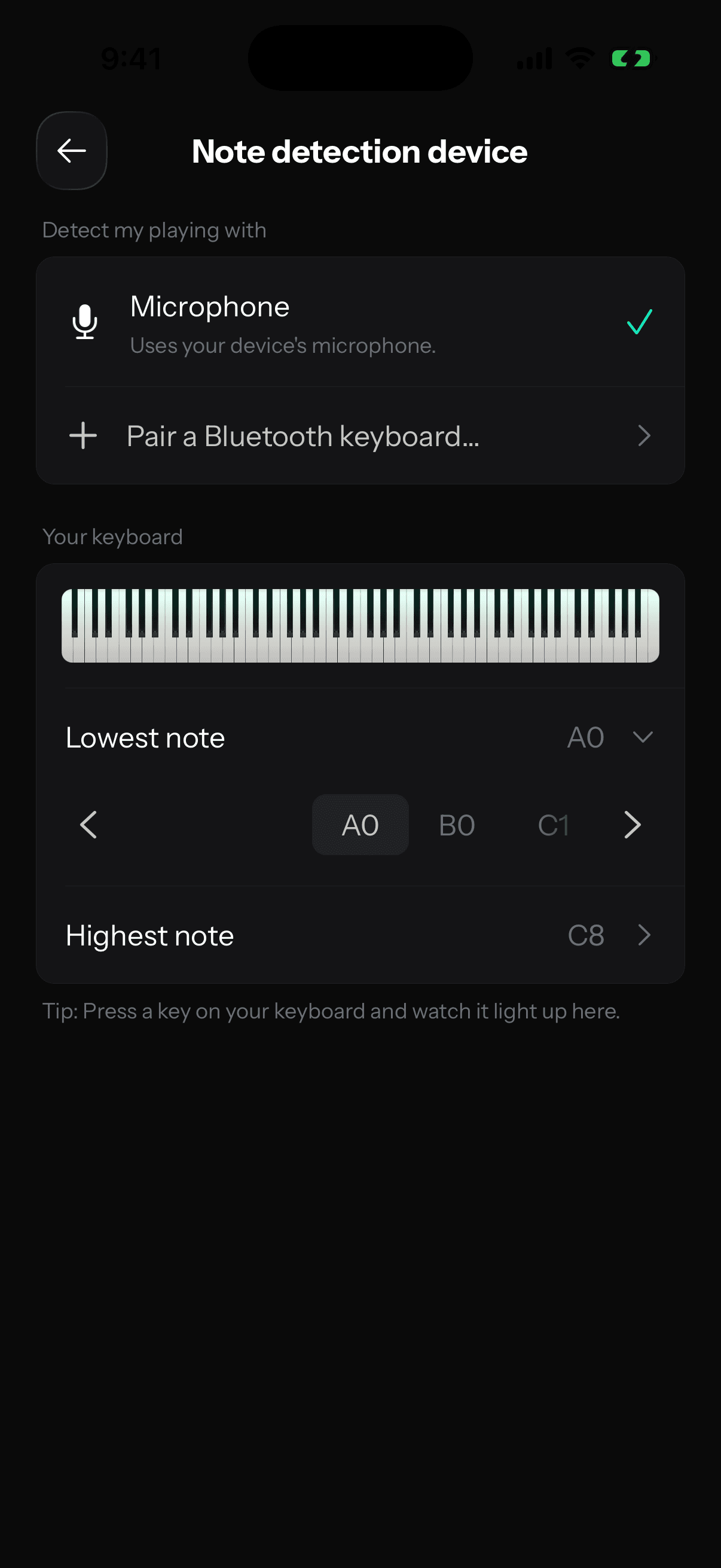 The Lowest note and Highest note rows with the note wheel open.