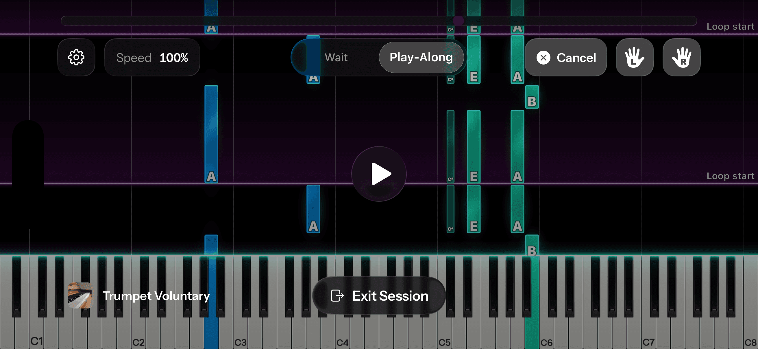 An active loop on the piano roll with the "Loop start" marker line and the Cancel button beside the hand toggles.