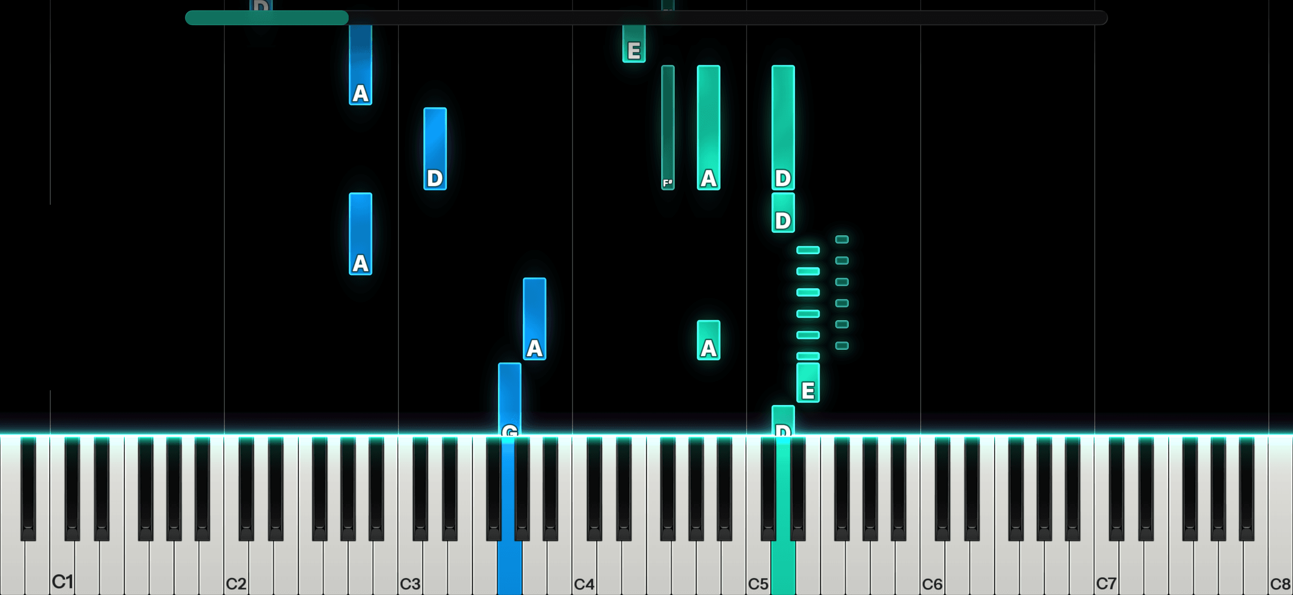 A song's piano roll mid-playback, with green right-hand notes and blue left-hand notes falling toward the keyboard.