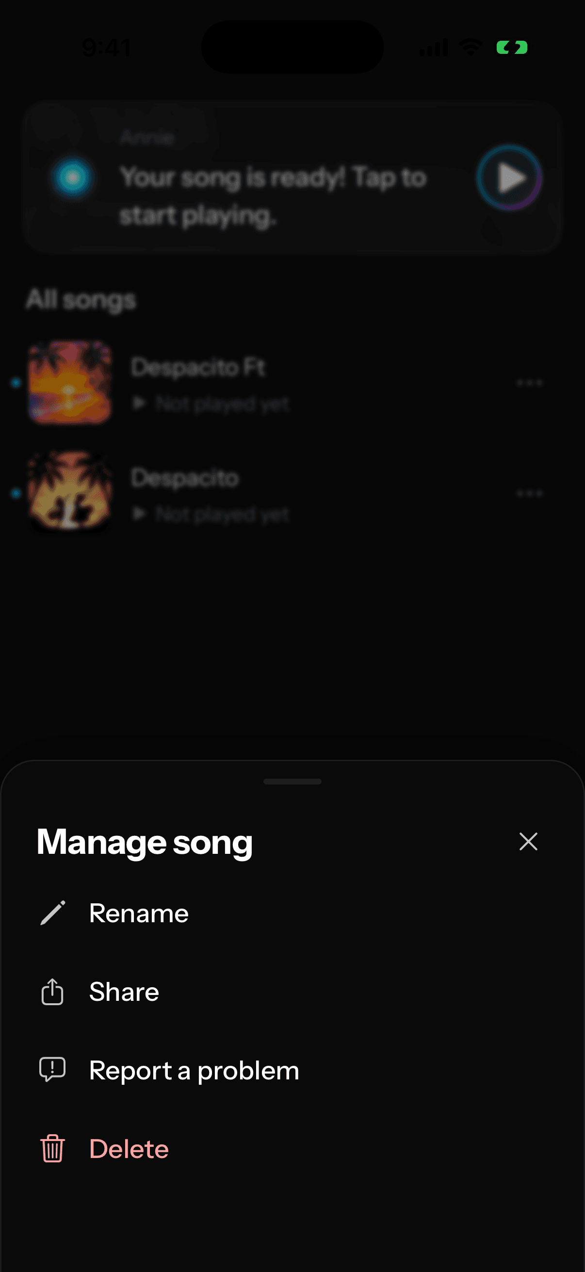 The long-press menu on a song in My songs, with Report a problem visible.