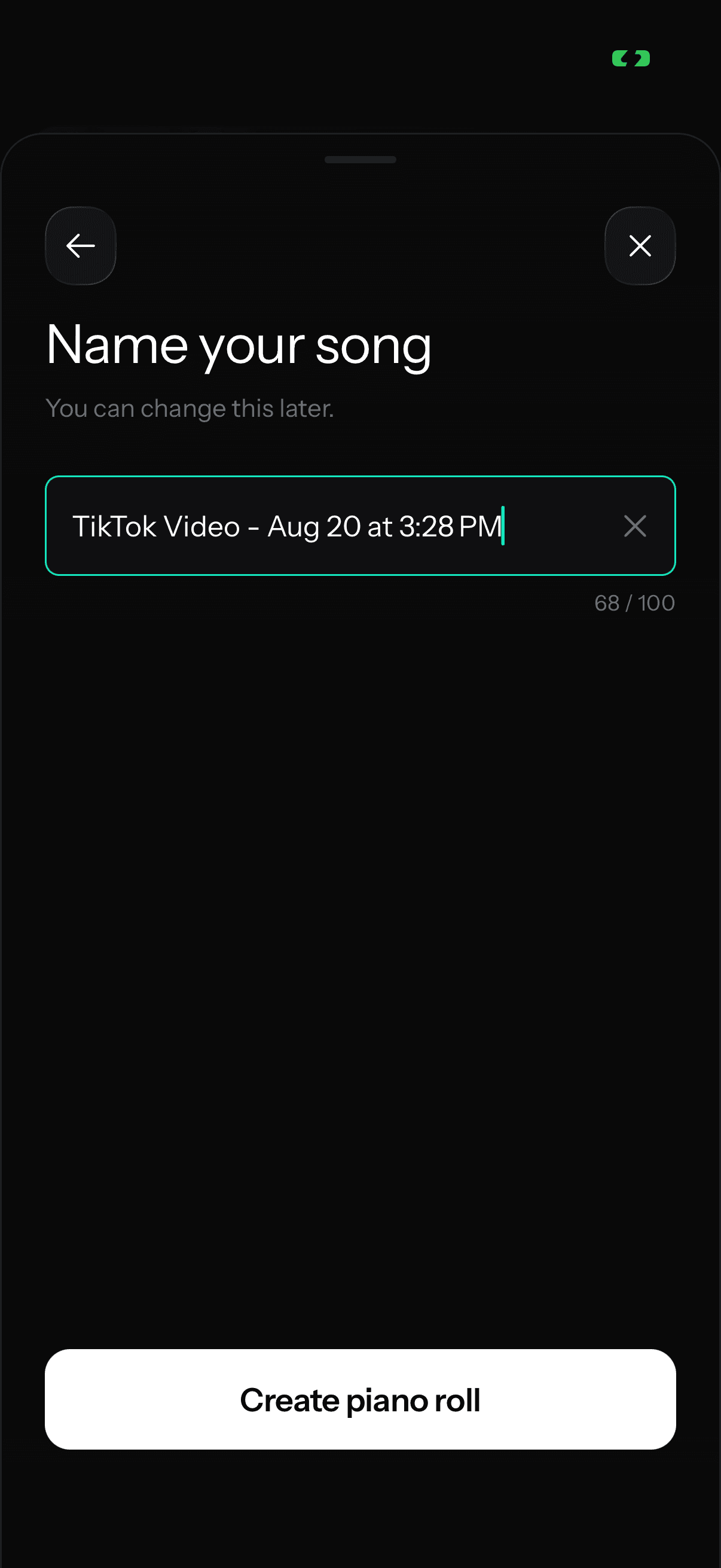 The "Name your song" screen with the "TikTok Video" date prefill in the field.