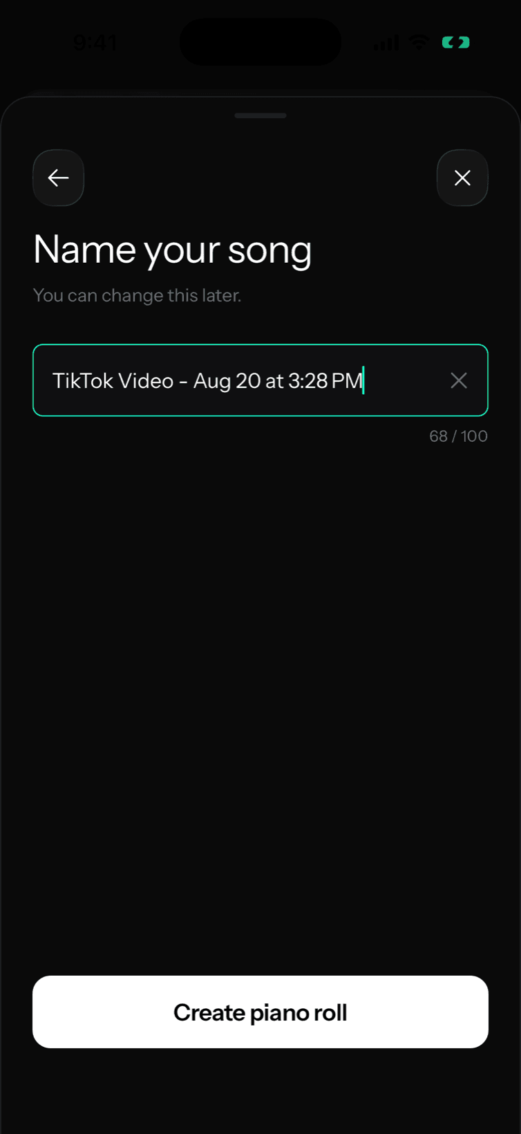 L’écran pour nommer le morceau, avec le champ prérempli par « TikTok Video » et la date.