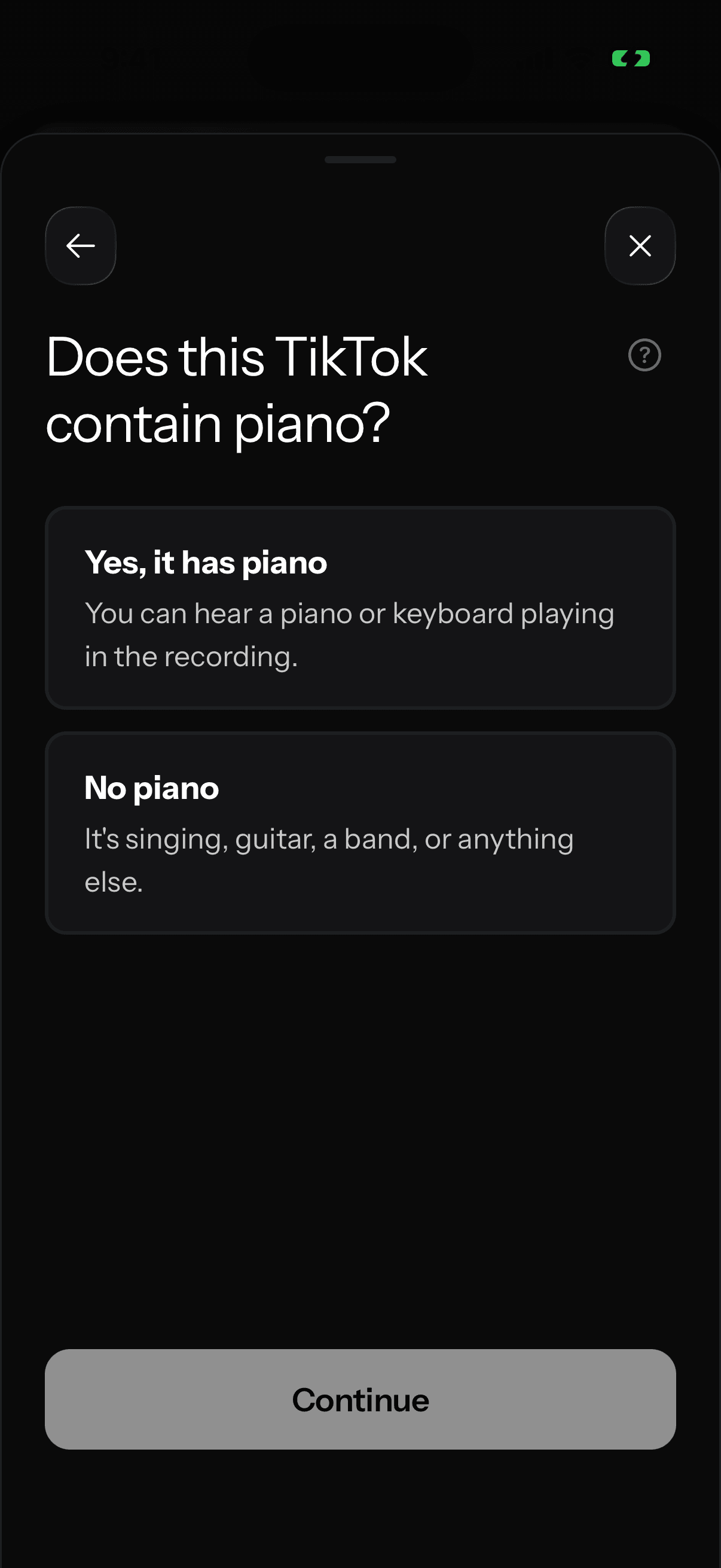 The "Does this TikTok contain piano?" question inside Anything Piano.