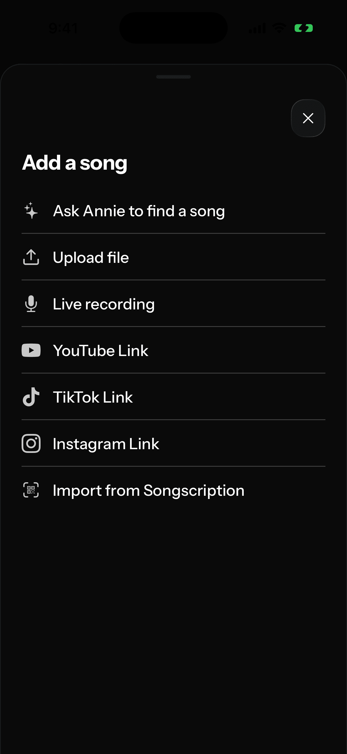 The "Add a song" menu open with YouTube Link among the available sources.
